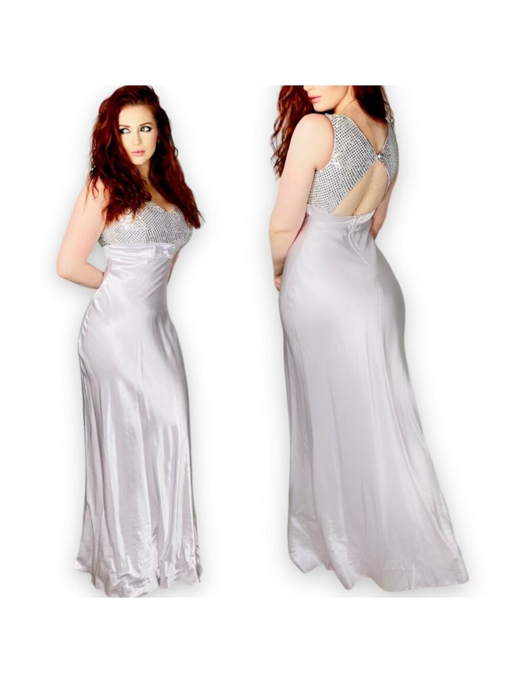 Vintage 90s Y2K Lilac Purple Sequin Bow Prom Gown Dress Formal Evening Dress XS